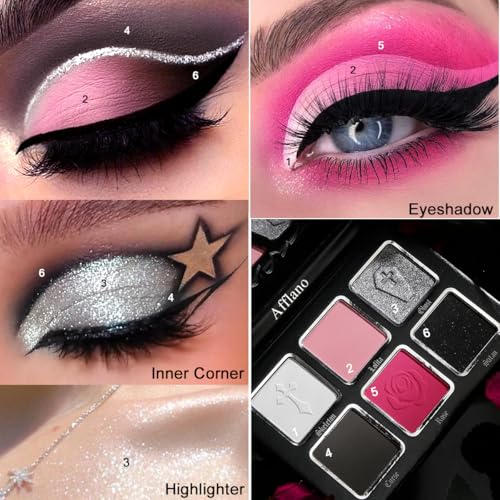 Afflano Goth Pink Eyeshadow Palette, Black Silver Pink Smokey Eyes Makeup Eyeshadow Pallet With Mirror, for Goth Girls Women Long Lasting Daily Valentine makeup, Emo Halloween Clown SFX Gothic Looks