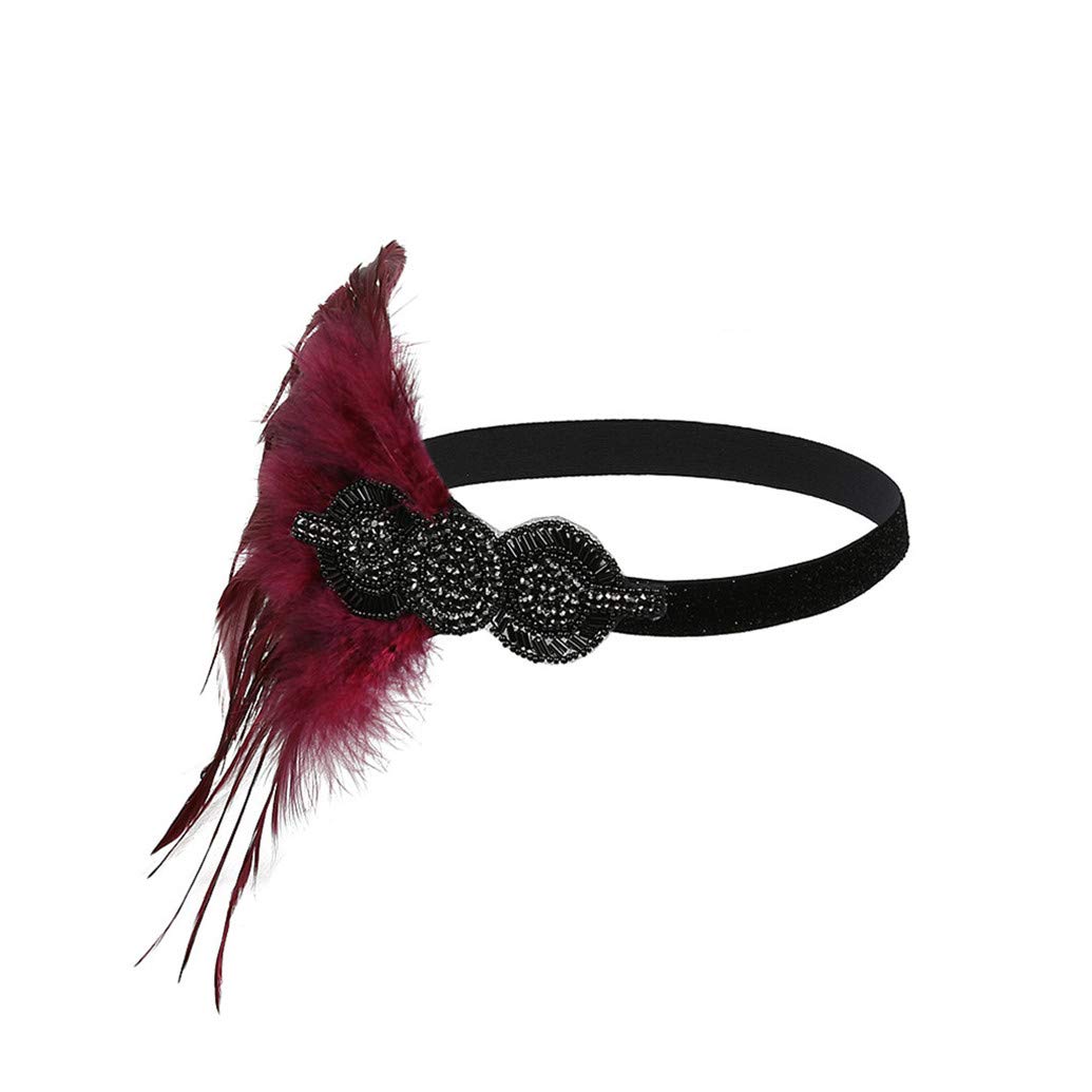 Women's Flapper Feather Headband 1920s Art Deco Roaring 20s Great Gatsby Headpiece Gatsby Costume 22Wine Red