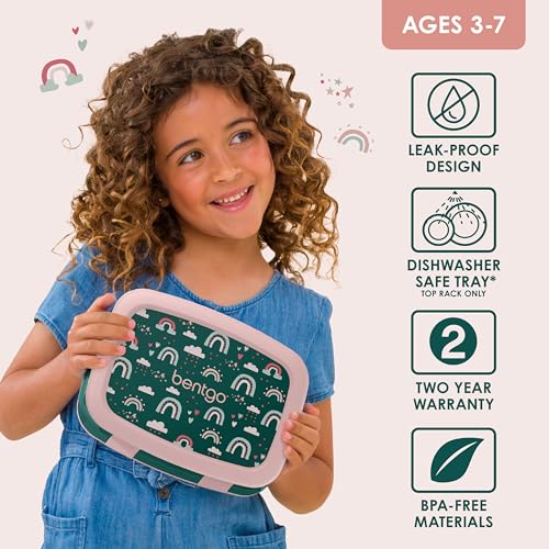 Bentgo Kids Prints Leak-Proof, 5-Compartment Bento-Style Kids Lunch Box - Ideal Portion Sizes for Ages 3-7, Durable, Drop-Proof, Dishwasher Safe, & Made with BPA-Free Materials (Green Rainbow)