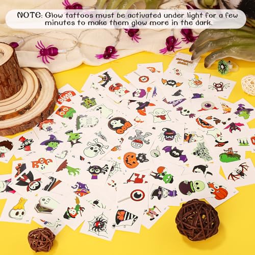 Glow Halloween Tattoos, 200 PCS Individually Wrapped Glow in the Dark Temporary Tattoos, Luminous Halloween Stickers Party Decorations, Halloween Party Favors Supplies Goodie Bag Fillers