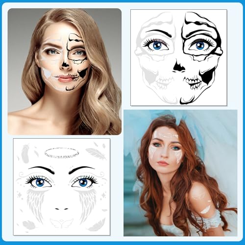 HOWAF Halloween Full Face Tattoos Stickers,Halloween Clown Costume Face Art Temporary Tattoos with Clown Face Spider Webs, Bats, Skeletons for Horror Party Decor, Halloween Black Red Face Tattoos