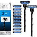3-Blade Men Razor with Lubricating Strip & Pivoting Head - Safety Razor Blades Kit Includes 2 Handles, 12 Razor Blade Refills, Wall Hook & Cleaning Brush