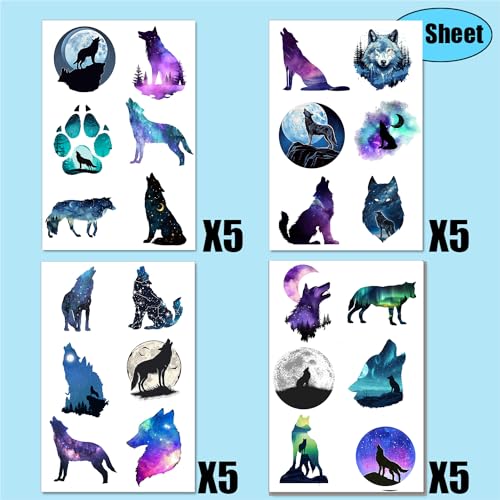 Galaxy Wolf Temporary Tattoo Stickers - 20 Sheets (120 Designs)