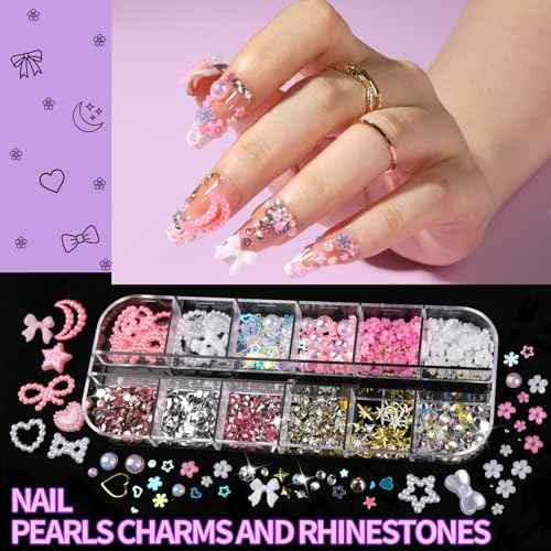 FANDAMEI Nail Charms and Gems, 8 Boxes Nail Art Kit for Design, Multi-Shape Rhinestones for Nails Flat Back Pearls Jewels, 3D Fruit Flower Candy Nail Charms, Gold Nail Studs Jewels