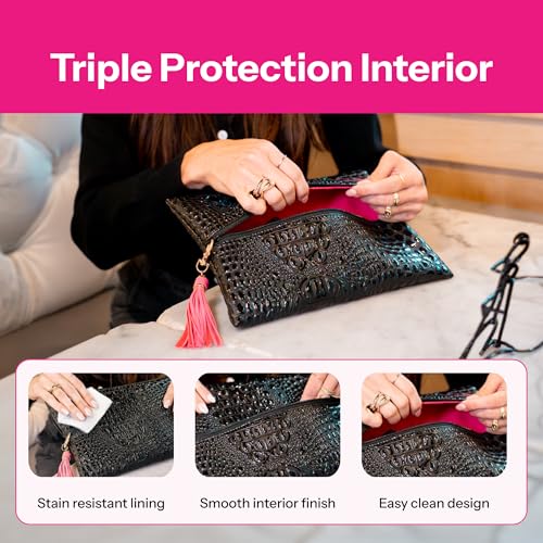 Makeup Junkie Large Makeup Bag - Bubble Gator Onyx - Patented Lay Flat Travel Toiletry Bag for Women - 9.5" x 13" Handmade USA Professional Cosmetic Case