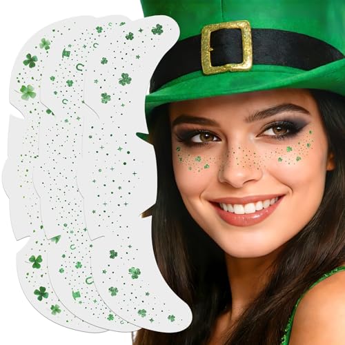 St Patrick's Day Face Tattoos - 12 Sheets Green Glitter Freckles