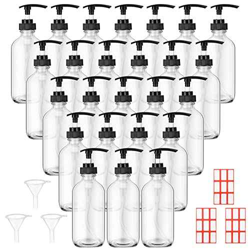 Tanlade 24 Pcs 8 oz Glass Pump Bottle Empty Bottle Glass Soap Dispenser with Pump Refillable Containers and Labels Funnels for Essential Oils Cleaning Products Lotions Conditioner(Clear)