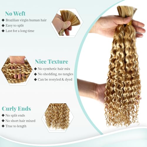 Human Braiding Hair Deep Water Wave Bulk Human Hair for Boho Braids No Weft 2 Bundles 22 Inch Strawberry Blonde with 613 Bleach Blonde Highlights Wet and Wavy Twist Hair Braiding for Knotless Bohemian