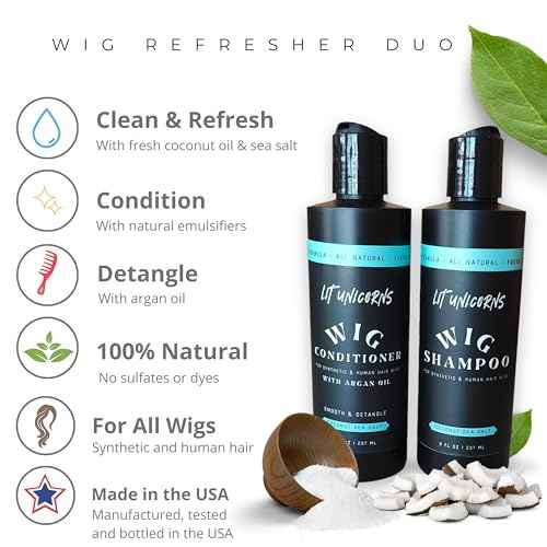 LIT UNICORNS All Natural Wig Shampoo & Conditioner Set for Human Hair and Synthetic Wigs. Clean | Detangle | Soften. Keep Your Wig Fresh - Coconut Scent - Made in USA
