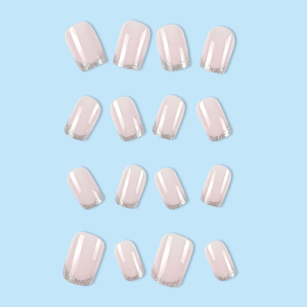 24Pcs French Tip Press on Nails Short Square Fake Nails with Silver Glitter Design False Nail Tips Acrylic Glossy Glue on Nails Cute Nail Art Decorations for Women