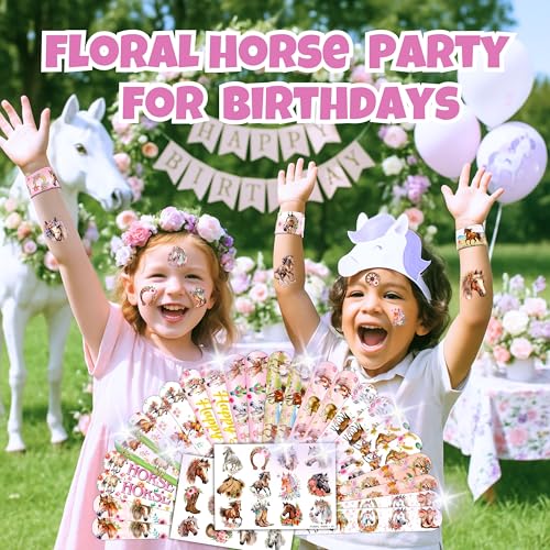 48-Piece Floral Horse Party Set - Tattoos & Slap Bracelets