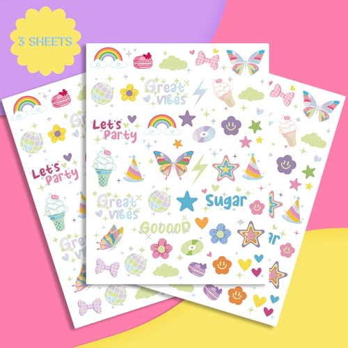 Glow in Dark Temporary Tattoos Adult - 126 PC; Festival Vibe Birthday Party Supplies, Great Vibes Disco Groovy Tattoos, Smiley Decorations, Y2K Decor, Flower Power Birthday Party Supplies