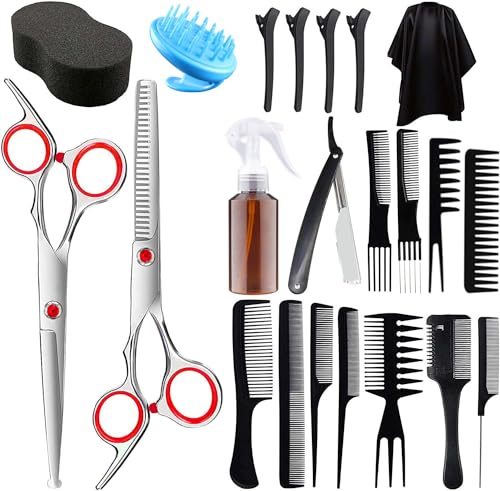 Hair Cutting Scissors Kit, SOFYE 23PCS Professional Stainless-Steel Thinning Shears Set for Home Baber Salon Women Men Kids Hairdressing Haircut (Red)