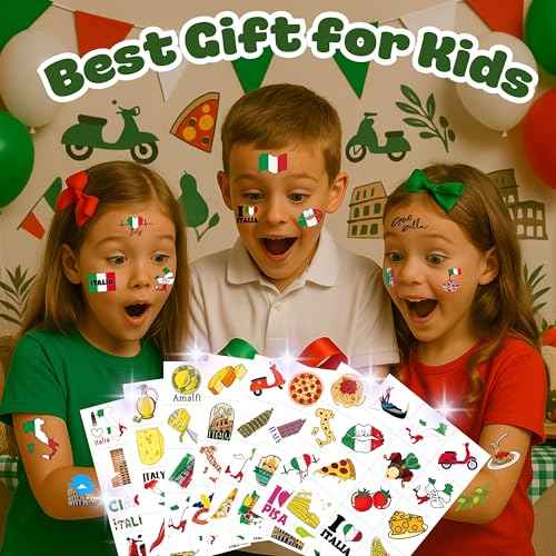 96 PCS Italian Italy Pre-Cut Rome Temporary Tattoos Themed Birthday Party Decorations Supplies Favors D?cor Flag Inspiring Tattoo Stickers Gifts For Game Boys Girls Classroom School Prizes Reward