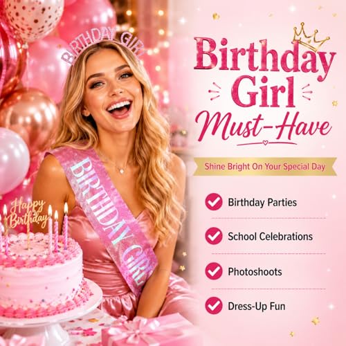 Pink Glitter Birthday Sash and Tiara Set for Women