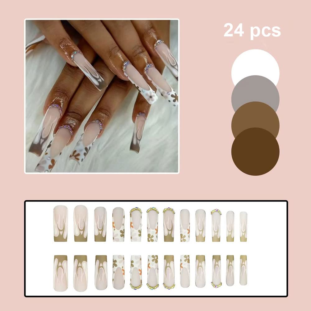 Magrace Press on Nails Long Fake Nails French Tips False Nails with Designs 24 pcs Stick on Nails for Women