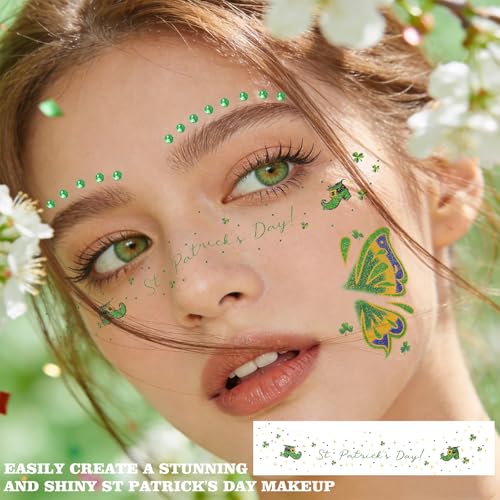 Green Leaves Freckles Temporary Glitter Tattoos for Women St Patrick's Day Glitter Shamrock Face Tattoo Stickers, Saint Patrick's Day Makeup St Patrick Day Accessories