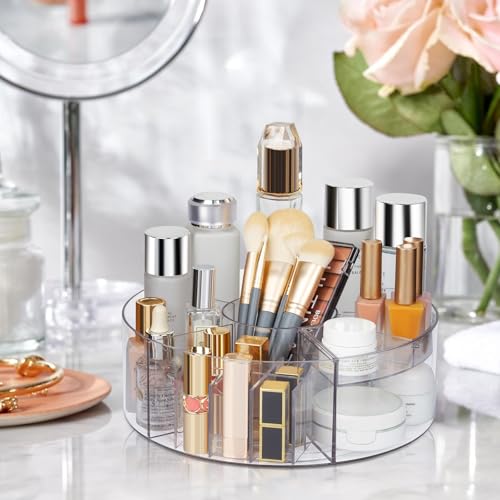360¡Æ Rotating Makeup Organizer, 10" Clear Turntable Lazy Susan Organizer for Vanity, Bathroom Counter, Cabinet, Spinning Cosmetic Storage Holder with 6 Dividers for Skincare, Makeup Brushes, Lipsticks