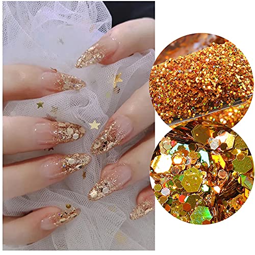 Holographic Nail Art Glitter Sequins Kit 6 Grids Laser Gold Shinning Glitters Nail Art Supplies Stars Moon Nail Art Sticker Decals Heart Glitter Flakes Manicure Tips for Acrylic Nails Decorations