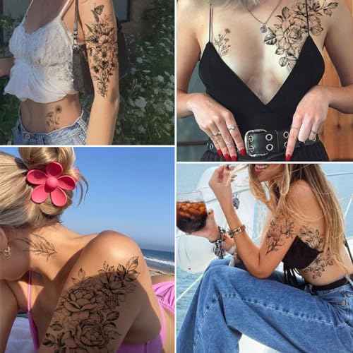CHARLNET 23 Sheets Flower Temporary Tattoos For Women - Waterproof Realistic Rose Orchid Tattoos Tiny Branch Sketch Fake Tattoos for Women Body Art Arm Neck Hands