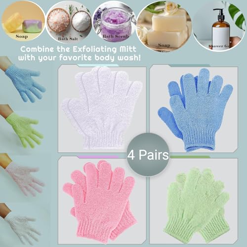 Exfoliating Shower Gloves, 4 Pairs Double-Sided Body Scrub