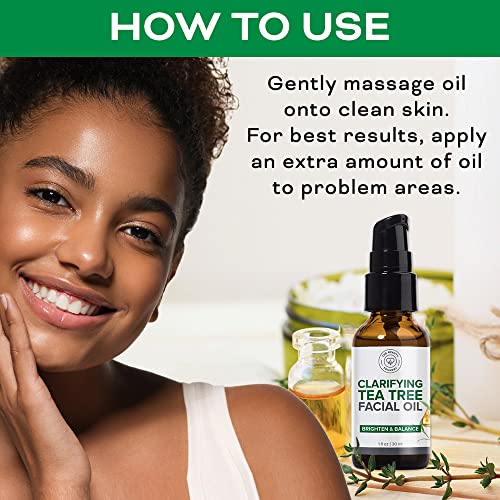 Clarifying Tea Tree Facial Oil, Targets Acne and Uneven Skin Tone, Antioxidant-Rich Beauty Oil, 1-fl oz/30ml (1 Pack)