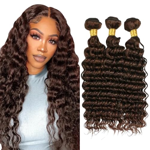 Color #4 Brown Deep Wave Human Hair Bundles 26 28 30 Inch