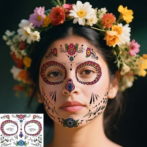 Halloween Temporary Face Tattoos Makeup Kit, Day of the Dead Sugar Skull Floral Black Skeleton Web Red Roses Full Face Mask Stickers Tattoo Families Party Supplies