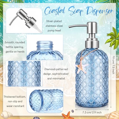 LemonRoad Coastal Glass Soap Dispenser Set 3pcs Ocean Themed Refillable Bathroom Kitchen Decor
