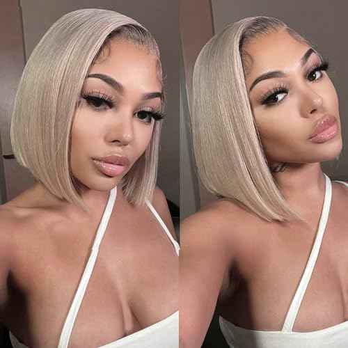 Ash Blonde Bob Wig Human Hair 13x4 HD Transparen Lace Frontal Wig Human Hair for Black Women,Glueless Ash Blonde Straight Bob Wigs Human Hair Pre Plucked 150% Density Short Blonde Wigs Human Hair