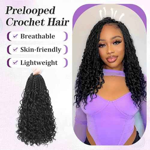 Goddess Box Braids Crochet Hair For Black Women-12 Inch 8 pack Pre Looped Boho Crochet Braids Short Prelooped Bohemian Boho Box Crochet Hair With Curly Ends£¨12in,#1b£©