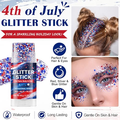 Patriotic Red White Blue Glitter Stick - Hexagonal Gel
