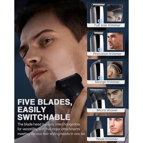 Beard Trimmer for Men - 5 in 1 Kit Electric Razor, Nose Hair Trimmer with LED Display, Cordless Mustache Body Face Grooming Kit, Rechargeable Beard Shaver (Aluminum)