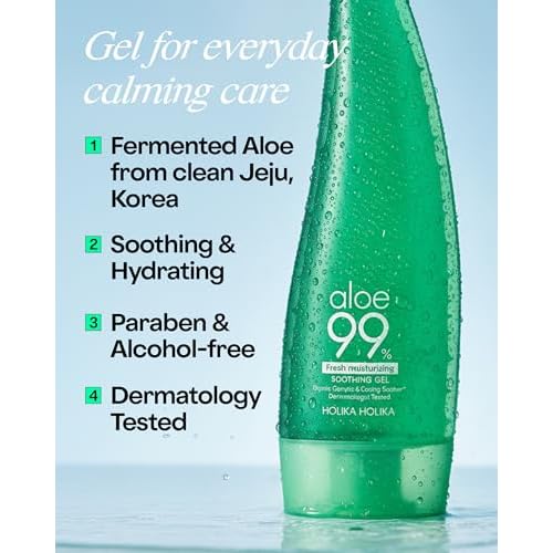 HOLIKA HOLIKA Aloe Fresh Moisture Soothing Gel - Face Body Moisturizer - Fermented Aloe and Cica - Hydrating Cooling Hypoallergenic Korean Skincare for Sensitive Sunburned Skin, 8.45oz