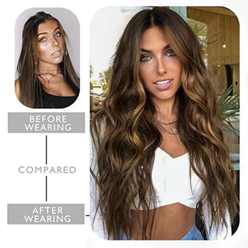 Bilisar Clip in Hair Extensions for Women Highlight Wavy Curly Long Synthetic Hairpieces for Women 20 inch 4pcs Ash Brown mix Ash Blonde Full Head