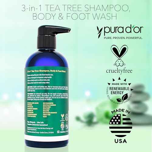 PURA D'OR 16 Oz 3-in-1 Tea Tree Shampoo, Body & Foot Wash, Shampoo - Total Body Care - Foot Odor & Daily Hygiene, Cleansing Routine, Post-Workout Refreshment - Soothes, Invigorates, Nourishes