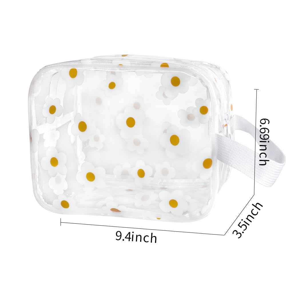 TotePrint Clear Daisy Printed Cosmetic Bag and Travel Pouch 9.4''x6.69''x3.5'' with Handle-Durable PVC Material,Versatile,Zipper Design for Smooth Sliding-Ideal for Makeup (White Floral#2-M)