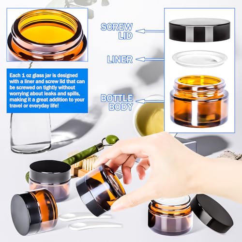 6-Pack 1oz Amber Glass Jars with Lids for Travel & Cosmetics