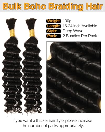 BEEOS Human Braiding Hair 20" Deep Wave 100g 2 Bundles