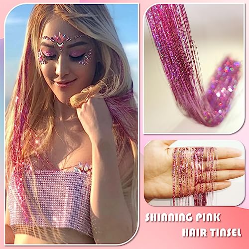 Fiwecos Pink Fairy Hair Tinsel Kit - 1200 Strands, 48 Inches