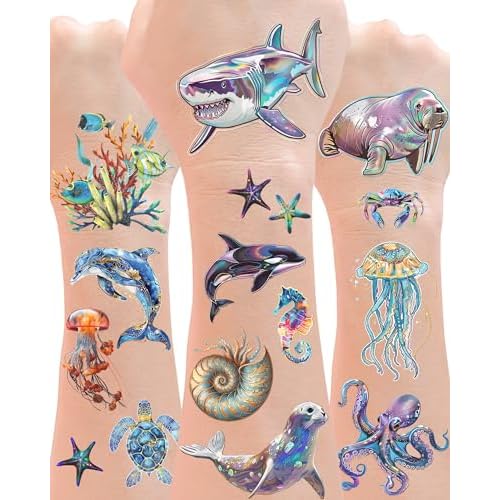 YanZonic 210Pcs Ocean Life Temporary Tattoos - Shark Tattoos Temporary for Kids, Whale Jellyfish Octopus Tattoo Non-Toxic, Under the Sea Party Decorations, Aquatic Marine,18 Sheets