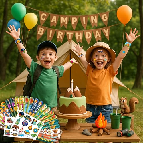 48 PCS Camping Party Favors 24PCS Tattoos Sticker 24PCS Slap Bracelets Wristbands Perfect for Camp Themed Birthday Baby Showers or Classroom Rewards Ideal Decor and Gifts for Girls and Boys