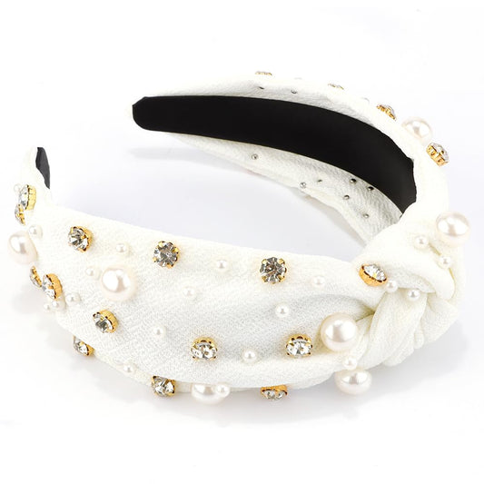 AHONEY Pearl Headband Knotted Headband for Women Girls, Rhinestone Top Knot Crystal Headband White Jeweled Fashion Headpiece Boho Wide Head Band for Women's Hair