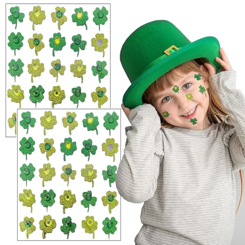 50pcs St. Patrick's Day Face Jewelry Green Shamrock Rhinestones Face Tattoo Sticker for Women and kids 3D self-adhesive Green Face Gems for Face Nail Makeup Decoration