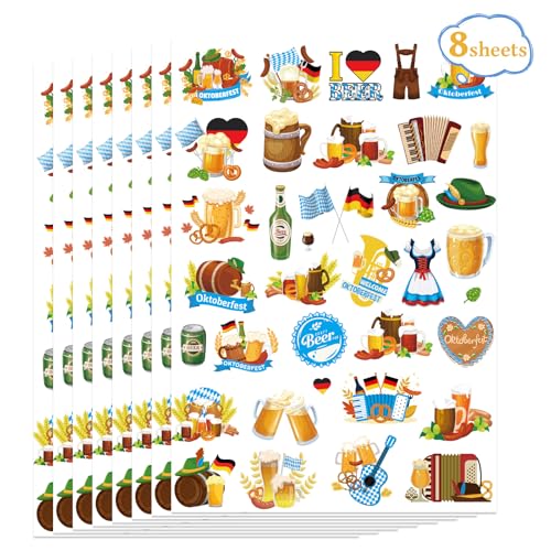 German Oktoberfest Temporary Tattoos, 8 Sheets 240 Pcs German Beer Festival Tattoo Stickers for Bavarian Oktoberfest Themed Party Decorations Supplies Bavaria Games Decor