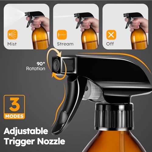 Tecohouse 2 Pack 16 oz Amber Glass Spray Bottles 360° Adjustable