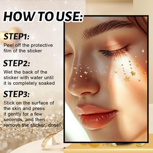 Glitter Freckles Face Tattoo-Waterproof Gold Face Fake Makeup Patches for Women Kids-Stars Moon Butterfly Spots-Temporary Sparkle Beauty, Concert,Carnival Party Cosmetic Glitter Accessories 6Pcs