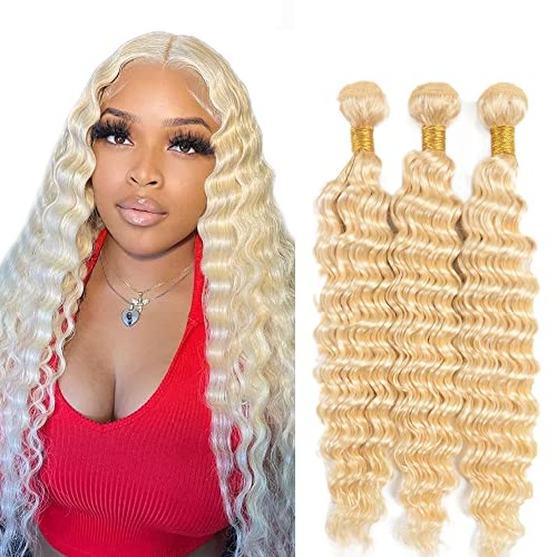 613 Blonde Deep Wave Human Hair Bundles - 28 Inch, 3 Pack