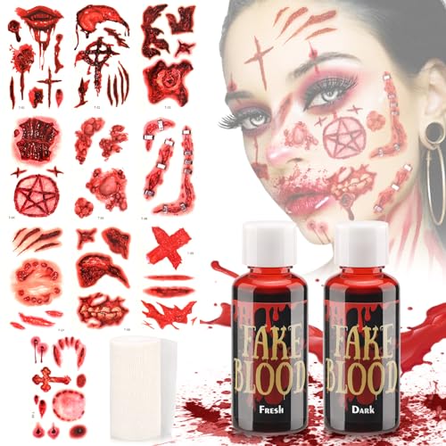 Fake Blood Kit Halloween Makeup – Spray, Tattoo Stickers & Gauze