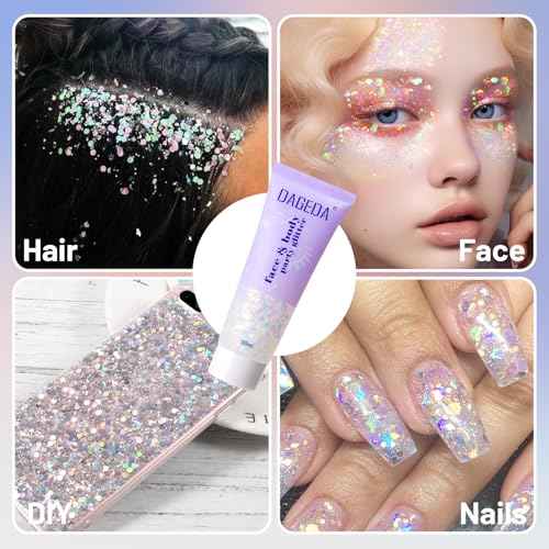 DAGEDA Rainbow Color Body Glitter Gel, Holographic Face Glitter Body Gel Rave Party Accessories, Chunky Glitters for Face Hair Nails, Cosmetic Laser Powder Festival Sequins Paint Makeup